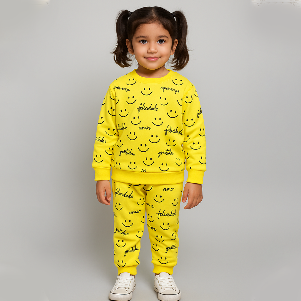 Yellow Smile Print Fleece Fabric Suit For Winters Secondary image