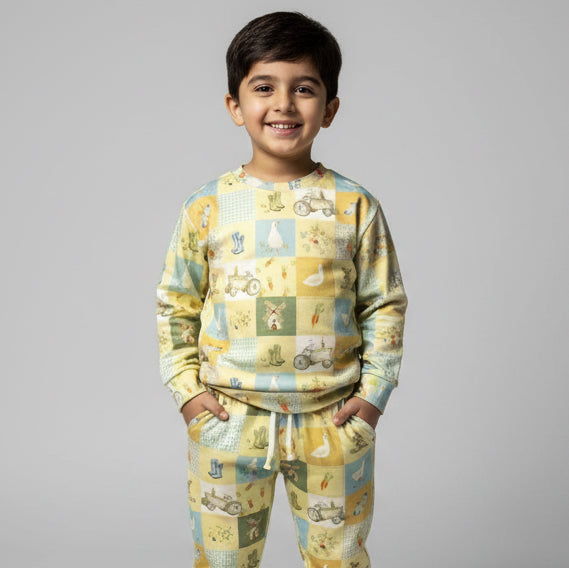 Yellow Tractor & Duck Print Fleece Fabric Suit For Winters Main image