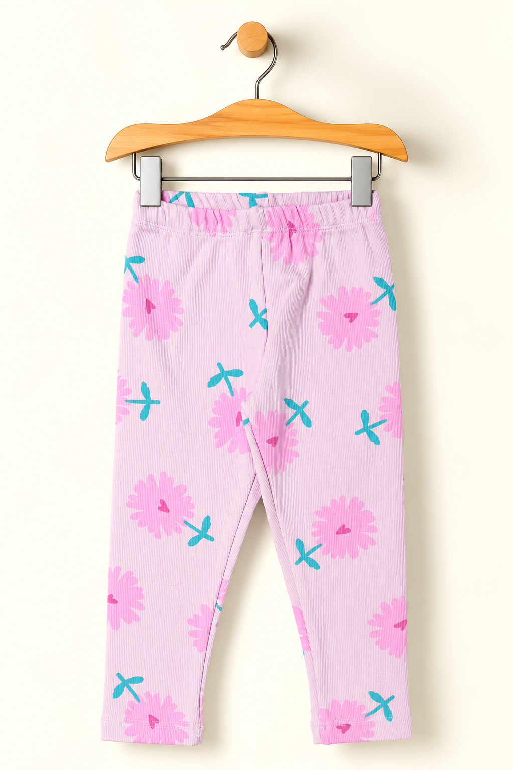 PINK WITH BIG FLOWERS PRINTED RIBBED FABRIC PAJAMA TROUSER Main image