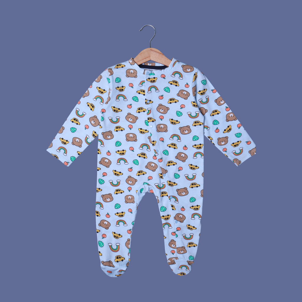 BLUE TEDDY & RAINBOW PRINT FULL BODY FULL SLEEVES ROMPERS