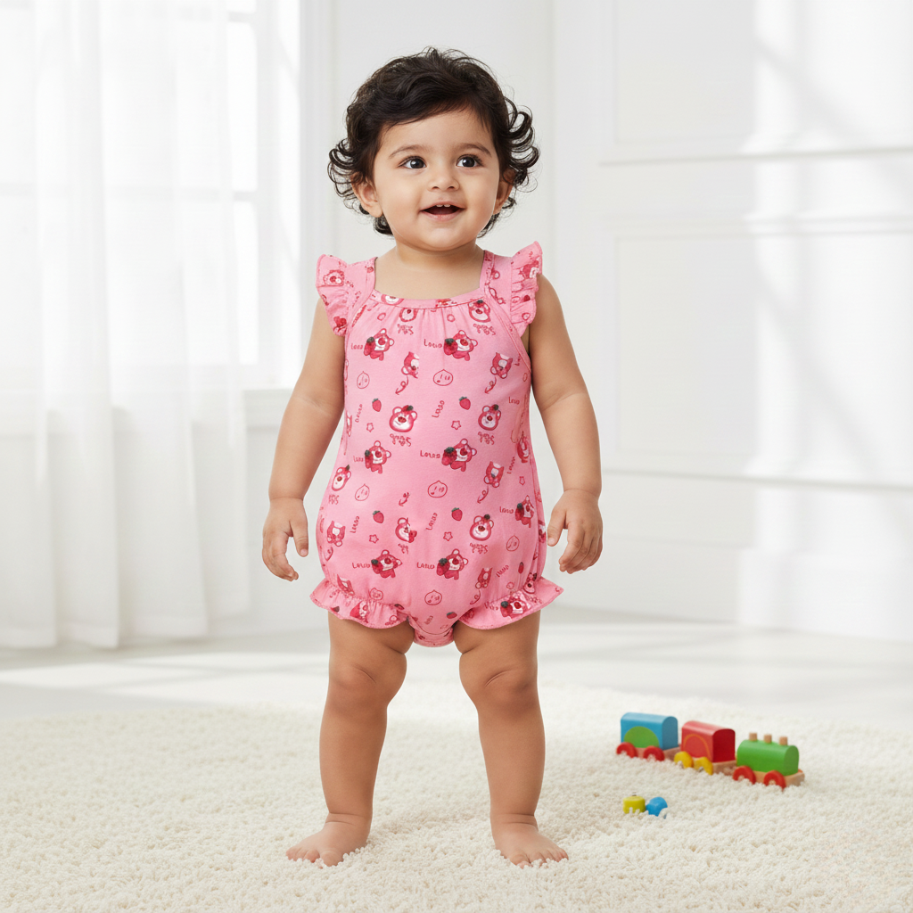 BABY PINK BEAR LOTSO PRINT WITH BAND ROMPER FOR GIRLS Main image