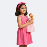 PINK WITH HAIR BAND BARBIE PRINT FROCK FOR GIRLS