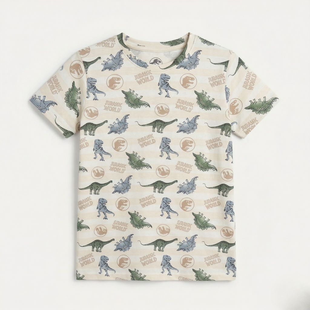 Cream Jurassic World Print Half Sleeves T-Shirt For Boys
