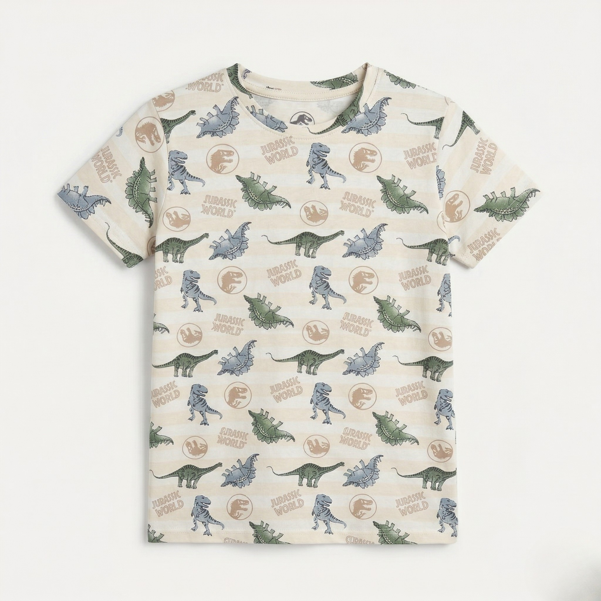 Cream Jurassic World Print Half Sleeves T-Shirt For Boys