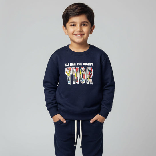 Navy Blue Thor Print Fleece Fabric Suit For Winters Main image