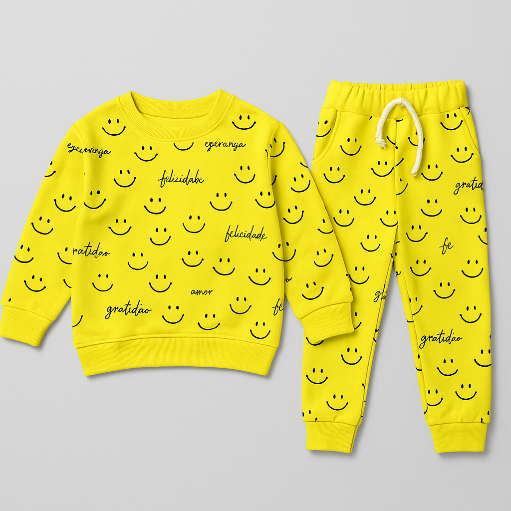 Yellow Smile Print Fleece Fabric Suit For Winters