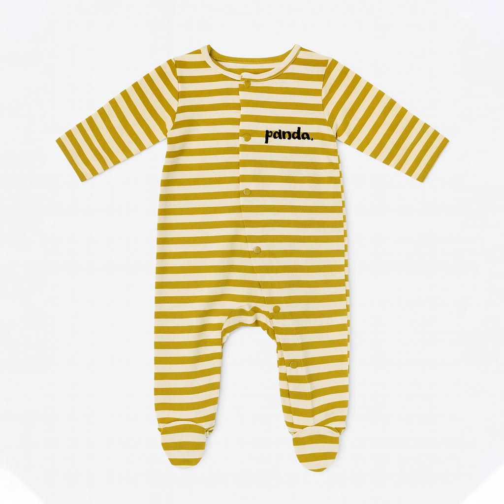 Cream With Green Panda Stripes Romper For Winters