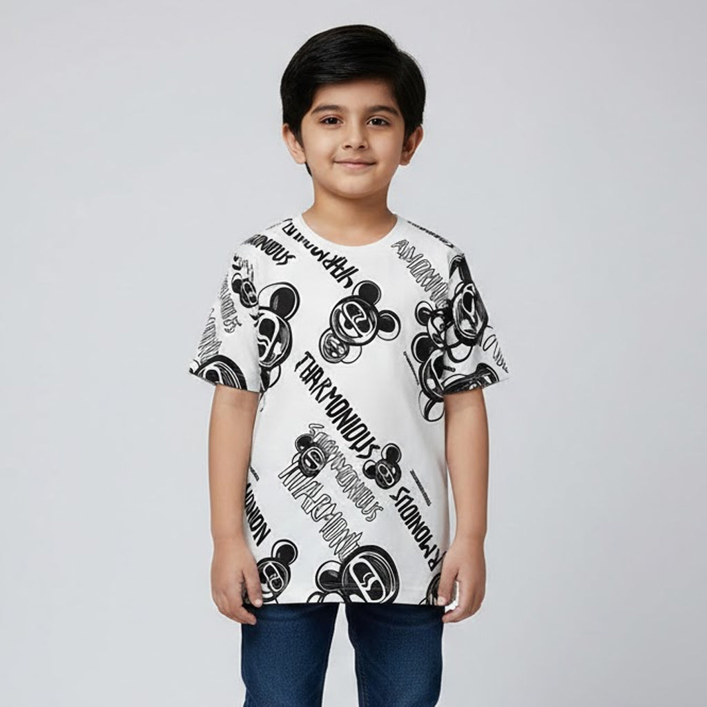 WHITE HARMONIOUS PRINT HALF SLEEVES T-SHIRT FOR BOYS Main image