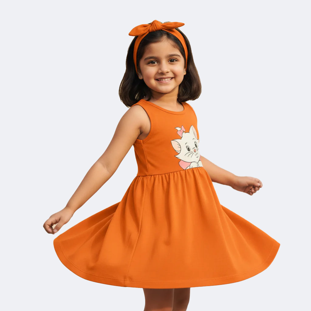 ORANGE WITH HAIR BAND KITTEN PRINT FROCK FOR GIRLS Main image