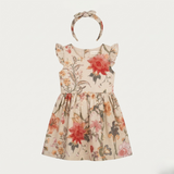 Cream Flowers Print With Hair Band Frock For Girls