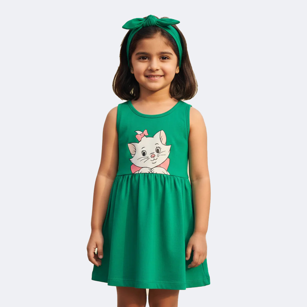 GREEN WITH HAIR BAND KITTEN PRINT FROCK FOR GIRLS Main image