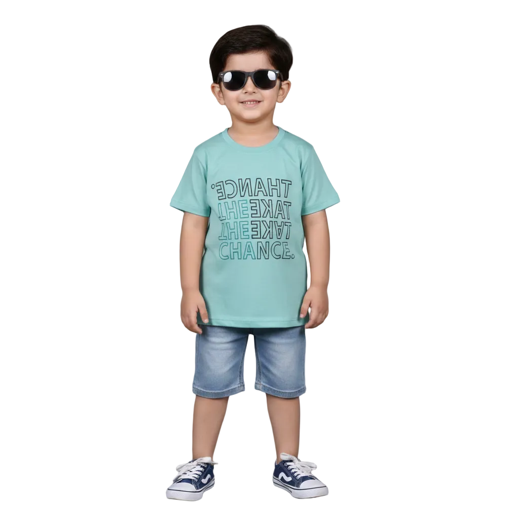 TURQUOISE TAKE THE CHANCE PRINTED HALF SLEEVES T-SHIRT FOR BOYS