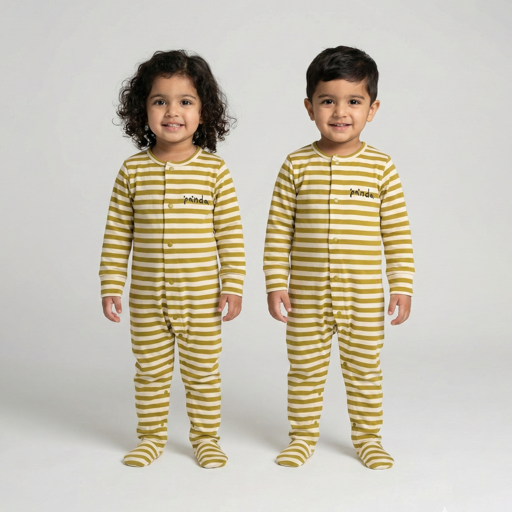Cream With Green Panda Stripes Romper For Winters Main image