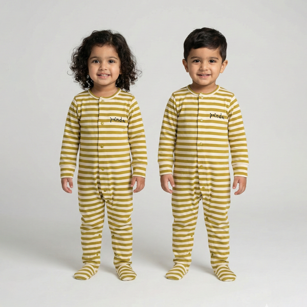 Cream With Green Panda Stripes Romper For Winters