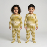 Cream With Green Panda Stripes Romper For Winters