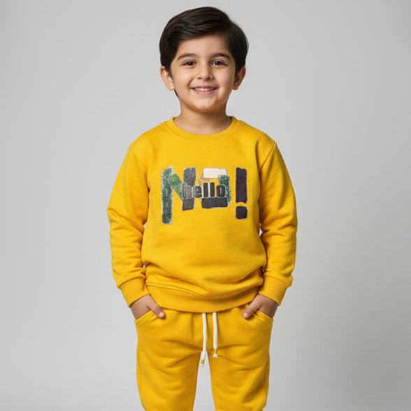 Mustard Hello Print Fleece Fabric Suit For Winters Main image
