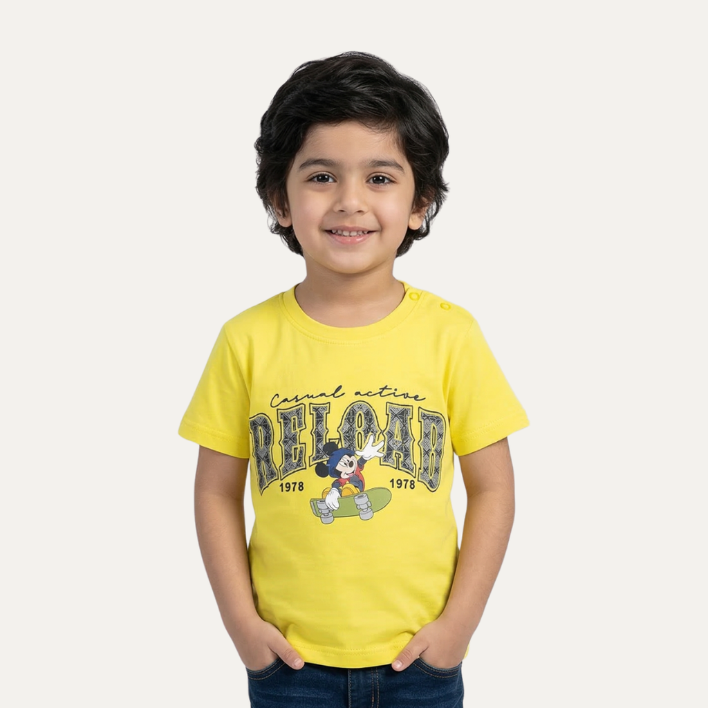 Yellow Reload Print Half Sleeves T-Shirt For Boys