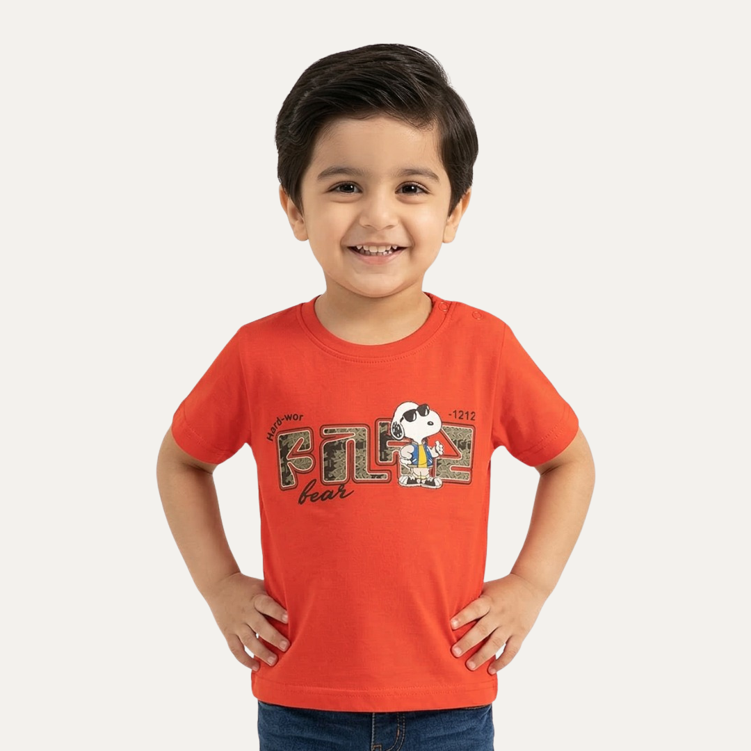 Orange Snoopy Print Half Sleeves T-Shirt For Boys Main image