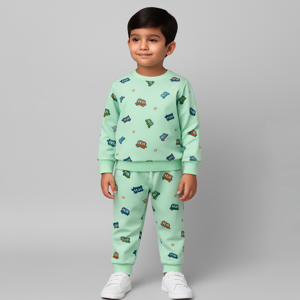 Sea Green Vehicle Print Fleece Fabric Suit For Winters Secondary image