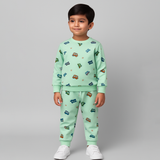Sea Green Vehicle Print Fleece Fabric Suit For Winters