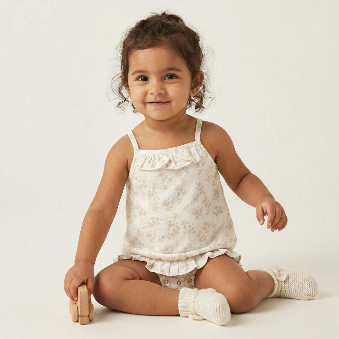 WHITE WITH BROWN FLOWERS PRINTED COTTON FABRIC ROMPER Main image