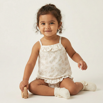 WHITE WITH BROWN FLOWERS PRINTED COTTON FABRIC ROMPER
