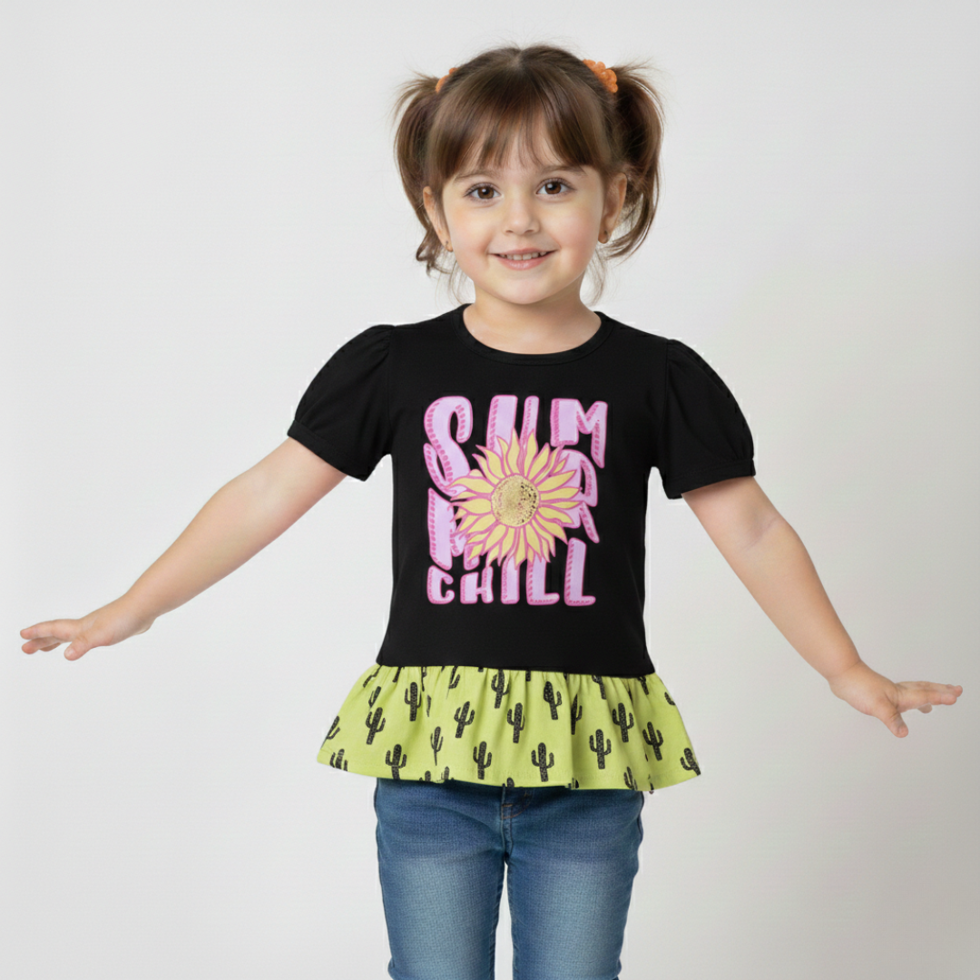 BLACK & YELLOW SUMMER CHILL PRINTED T-SHIRT TOP FOR GIRLS Main image