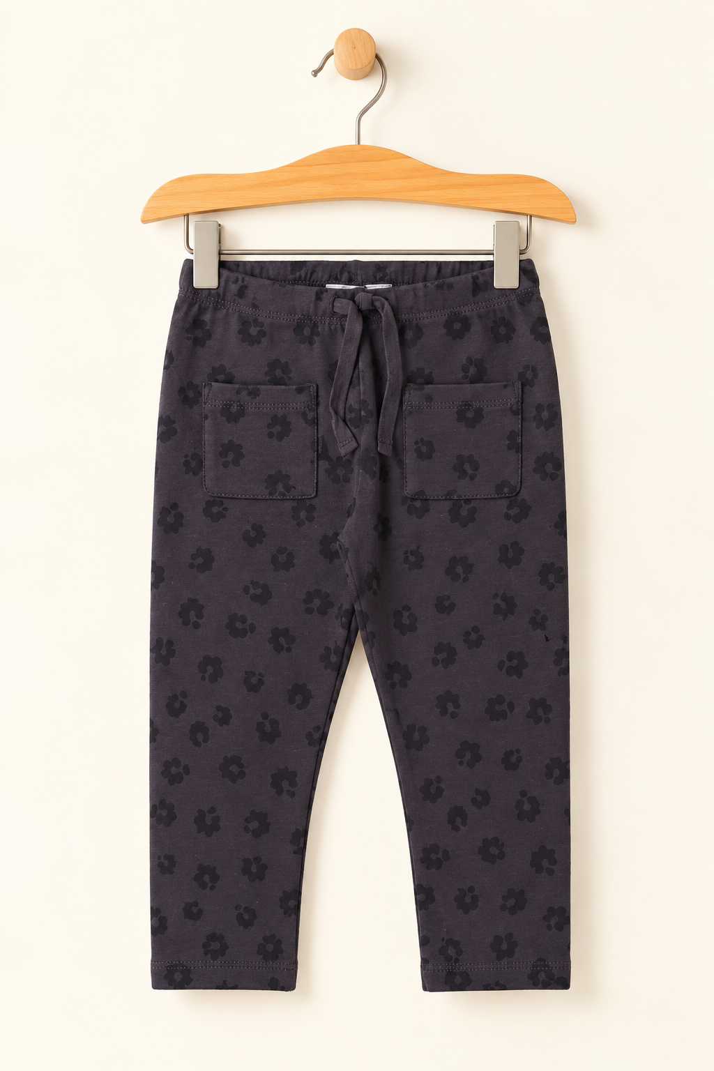 GREY FLOWERS DOUBLE BACK POCKETS HEAVY RIBBED FABRIC PAJAMA FOR GIRLS