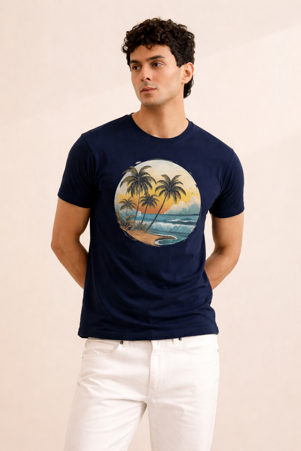 Navy Blue "Beach Trees" Print T-Shirt For Men