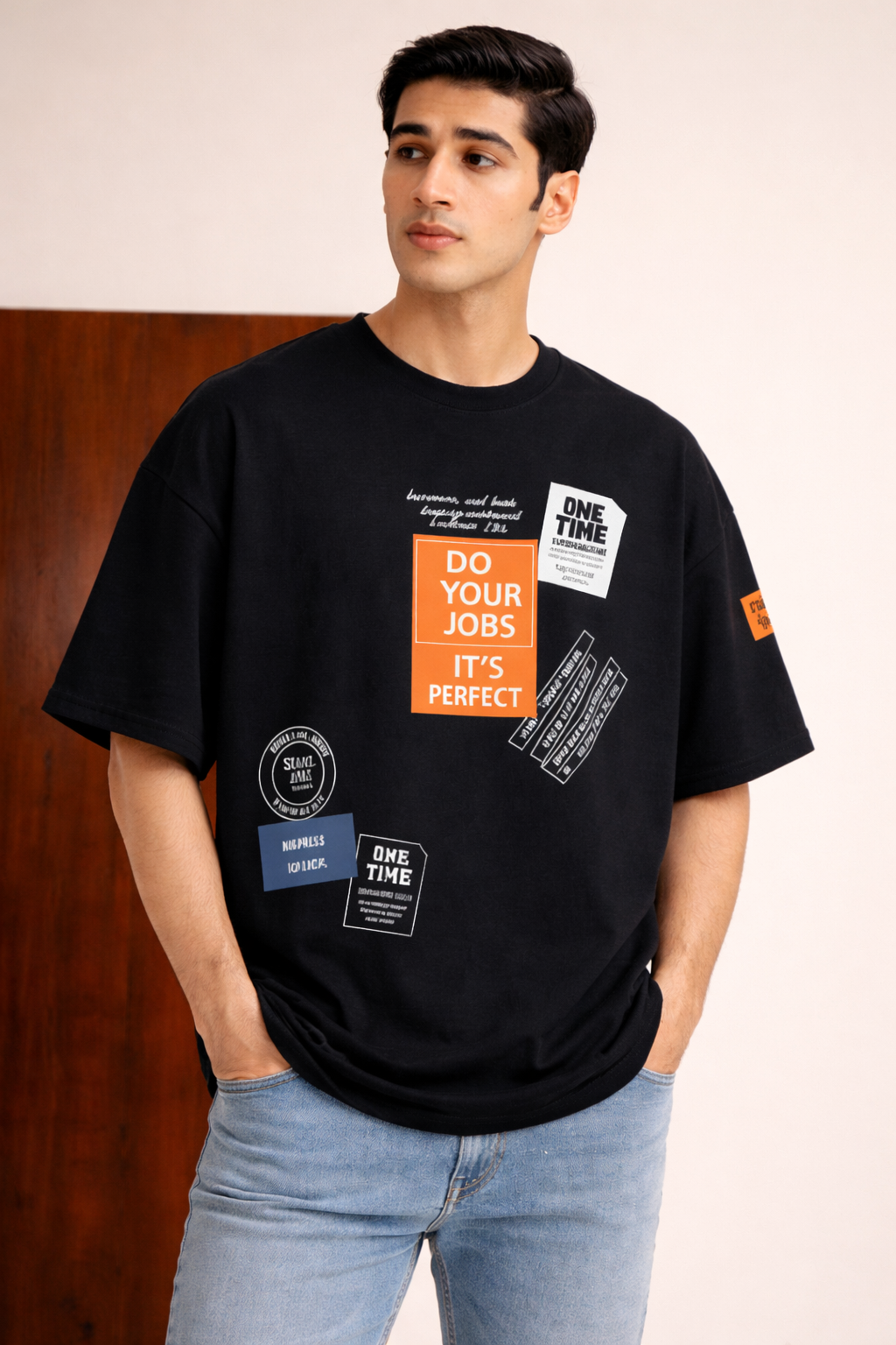 NAVY BLUE "DO YOUR JOBS" PRINT DROP SHOULDER T-SHIRT FOR MEN