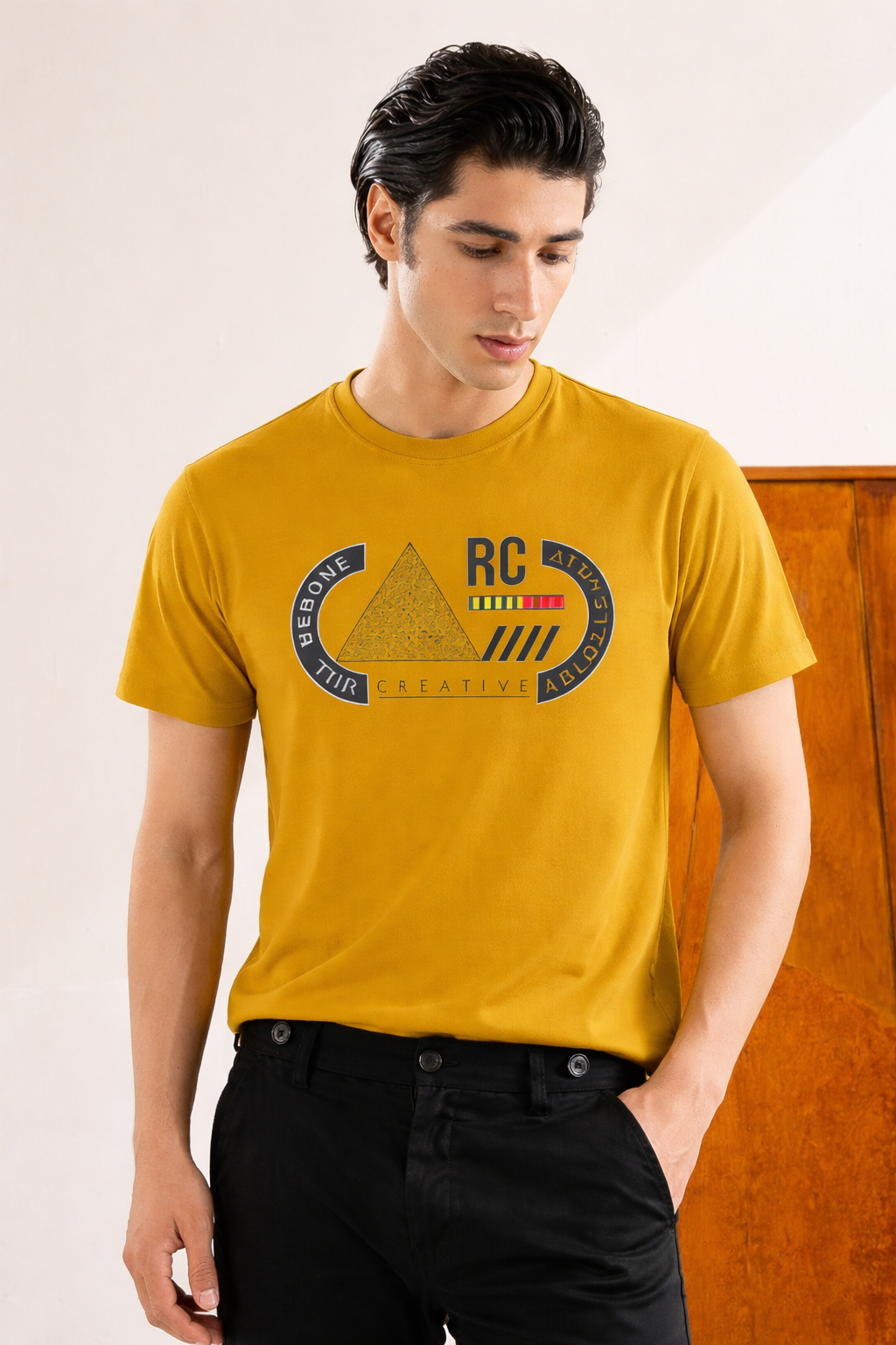 Mustard "Authentic Wear" Print T-Shirt For Men
