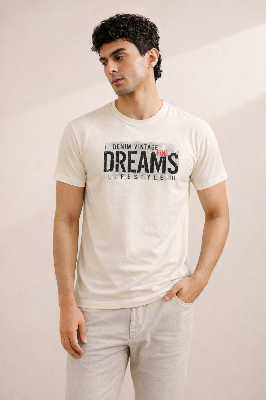 Cream "Dreams" Print T-Shirt For Men