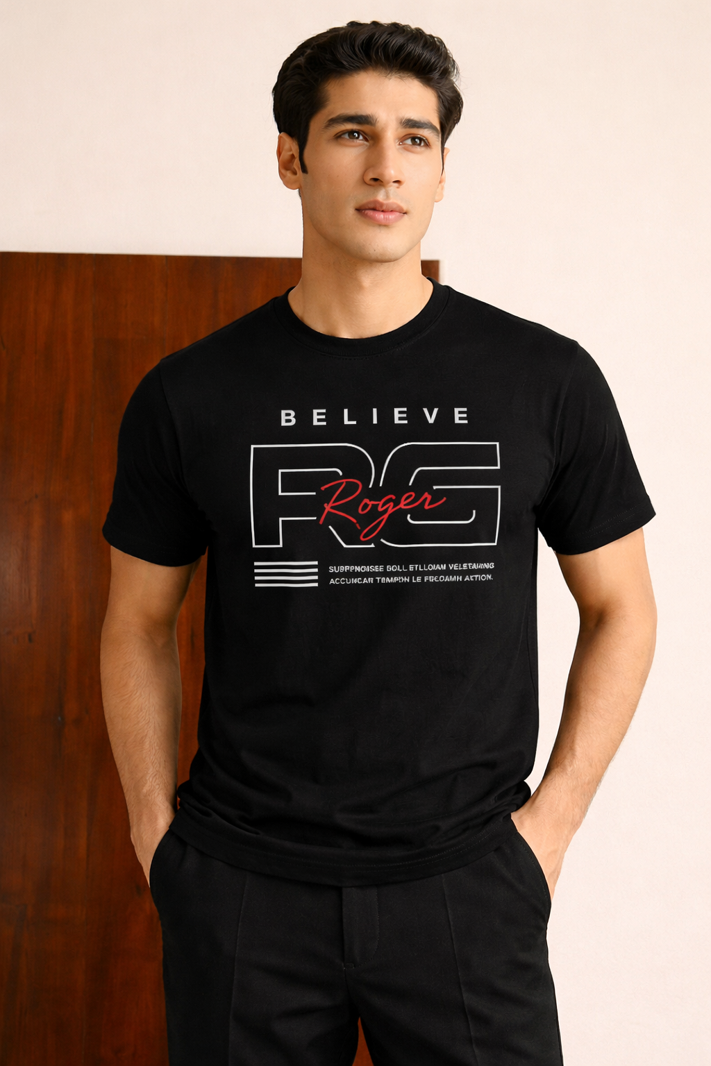 BLACK "BELIEVE ROGER" PRINT T-SHIRT FOR MEN