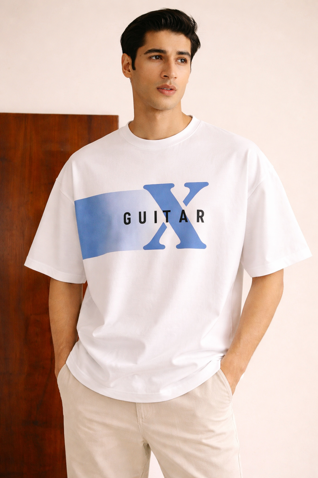 WHITE "X GUITAR" PRINT T-SHIRT FOR MEN