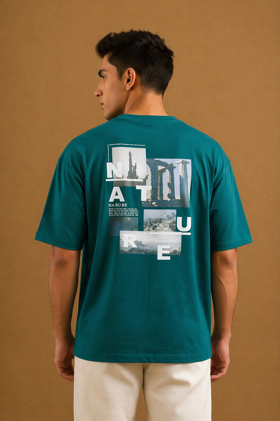 Teal Blue "Nature" Print T-Shirt For Men