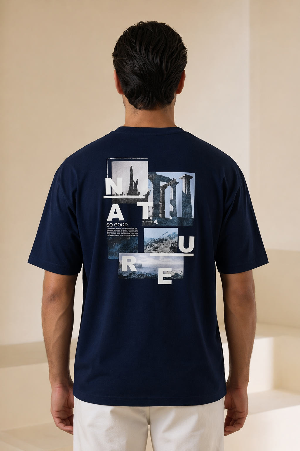 Navy Blue "Nature" Print T-Shirt For Men
