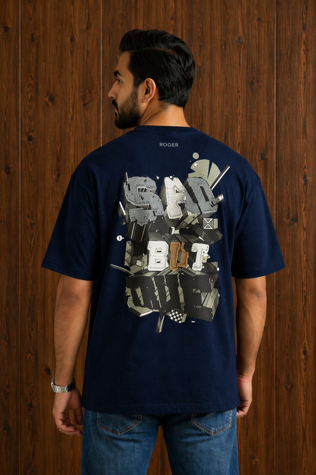 Navy Blue "Sad But True" Print T-Shirt For Men Secondary image