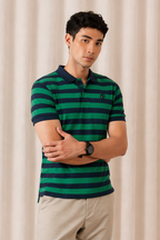 Green With Navy Blue Stripes Polo For Men
