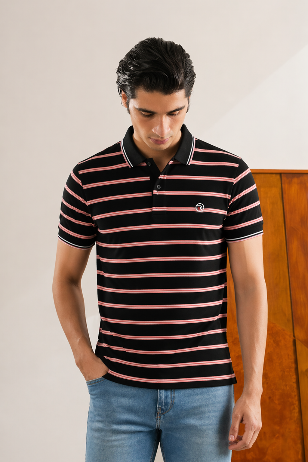Black With Brown & White Stripes Polo For Men