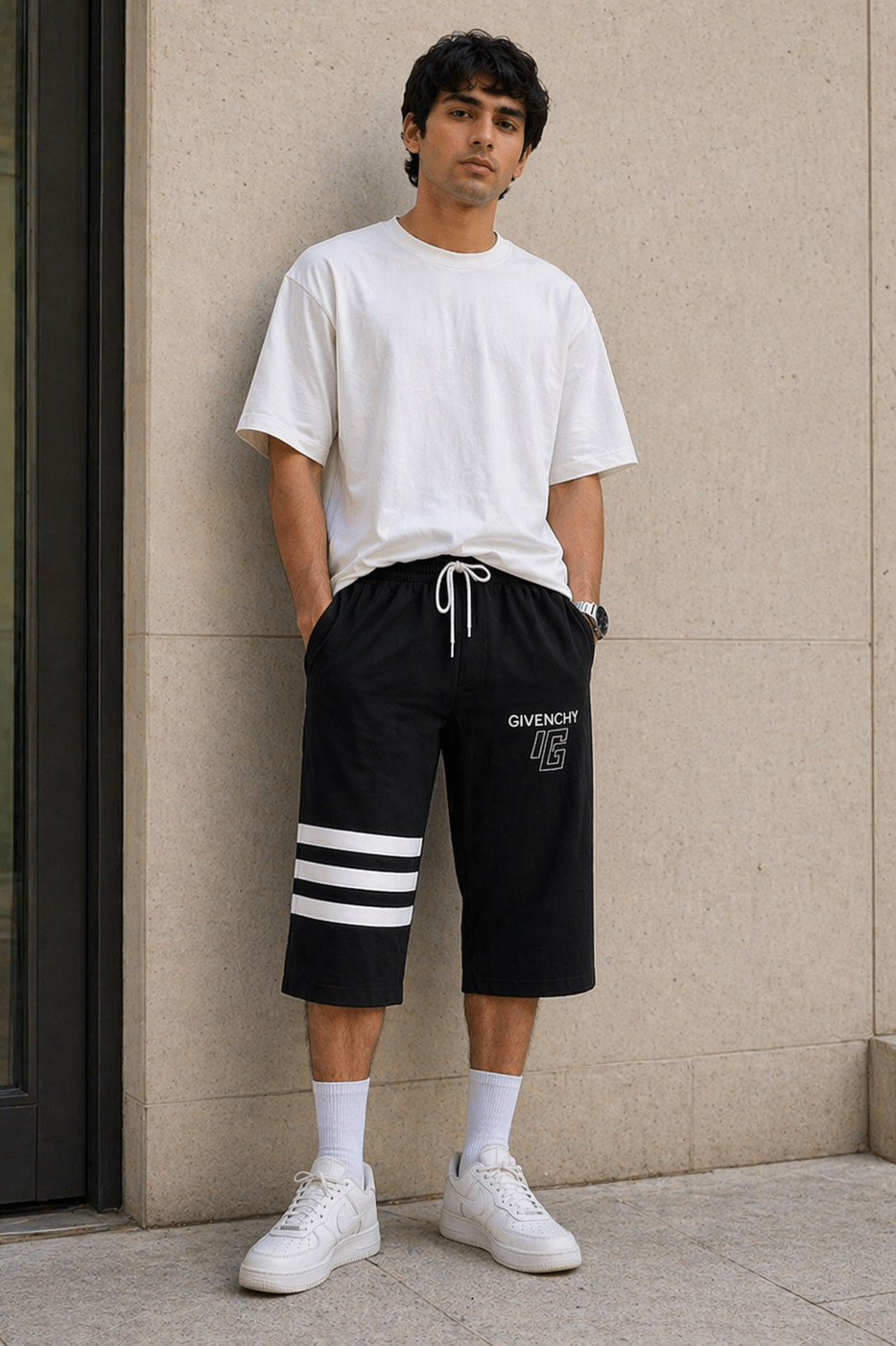 BLACK GIVENCHY PRINT 3 QUARTER SHORTS FOR MENS