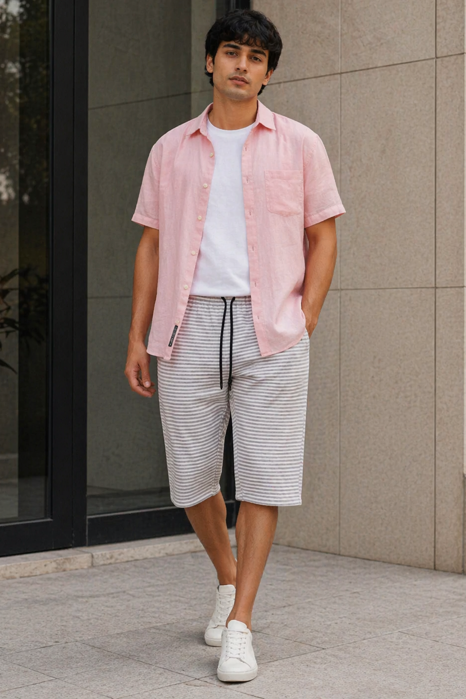 WHITE WITH GREY SMALL STRIPES 3 QUARTER SHORTS FOR MENS Main image