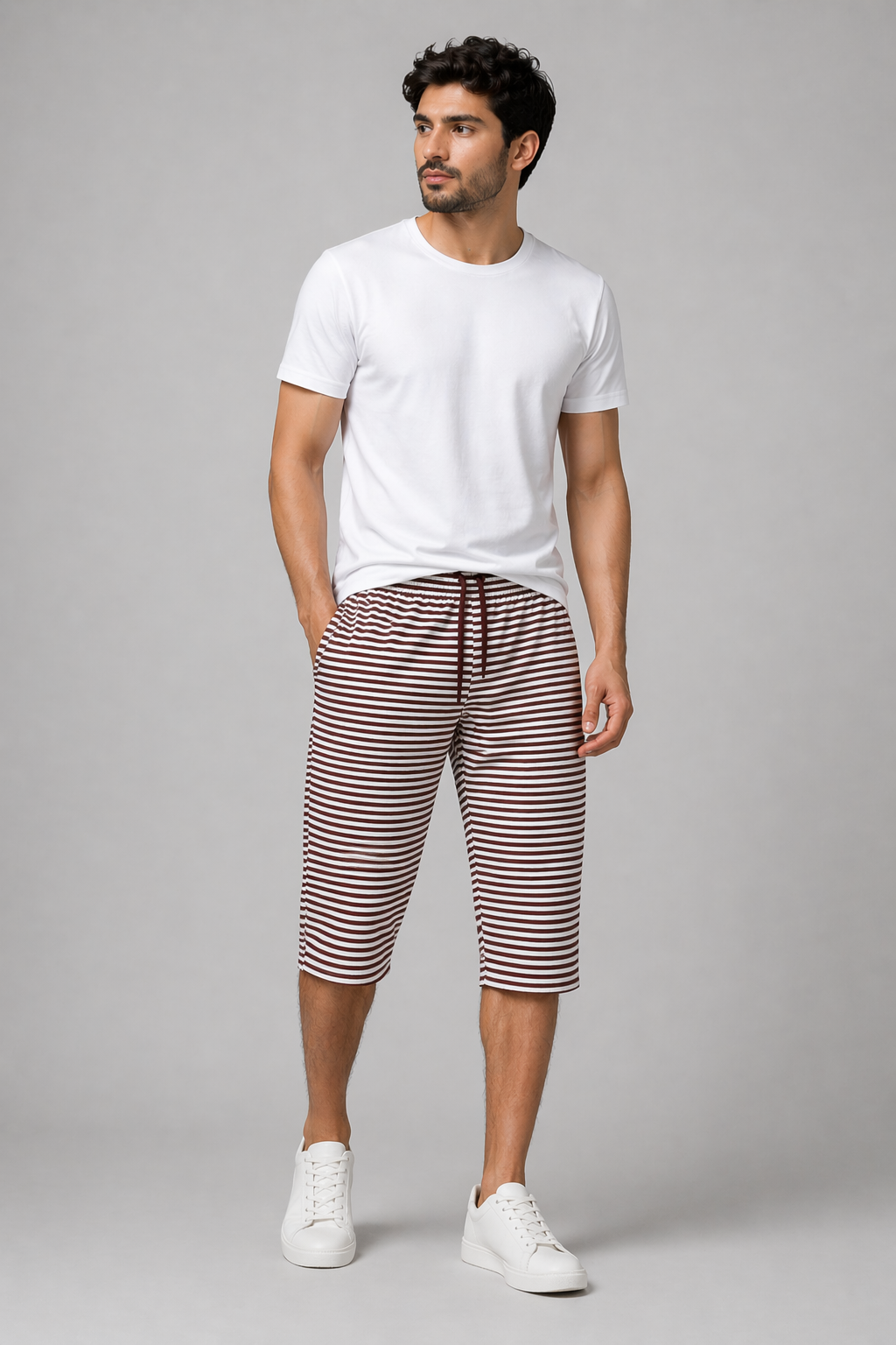 WHITE WITH BROWN SMALL STRIPES 3 QUARTER  SHORTS FOR MENS Main image