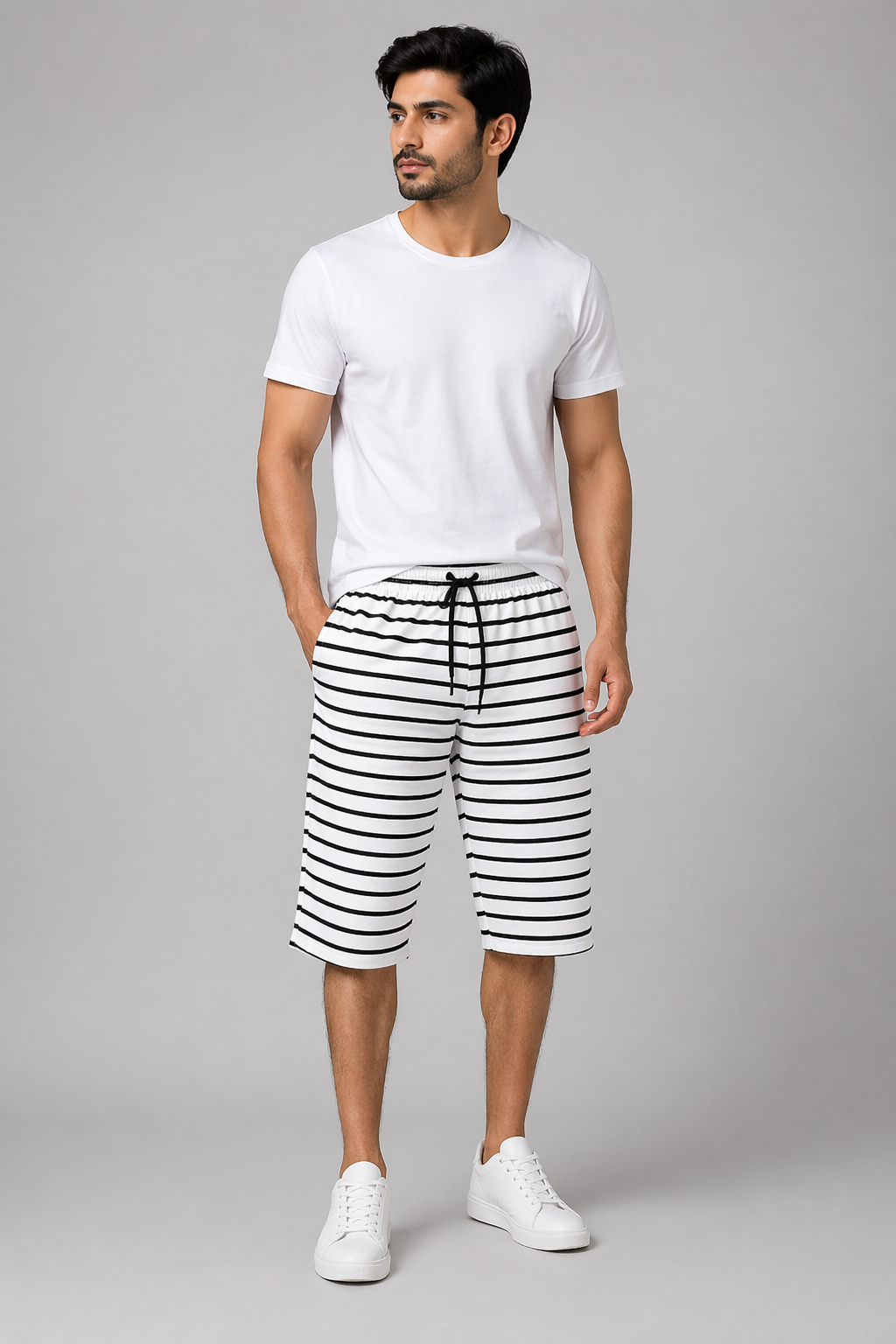WHITE WITH BLACK BIG STRIPES 3 QUARTER SHORTS FOR MENS Main image