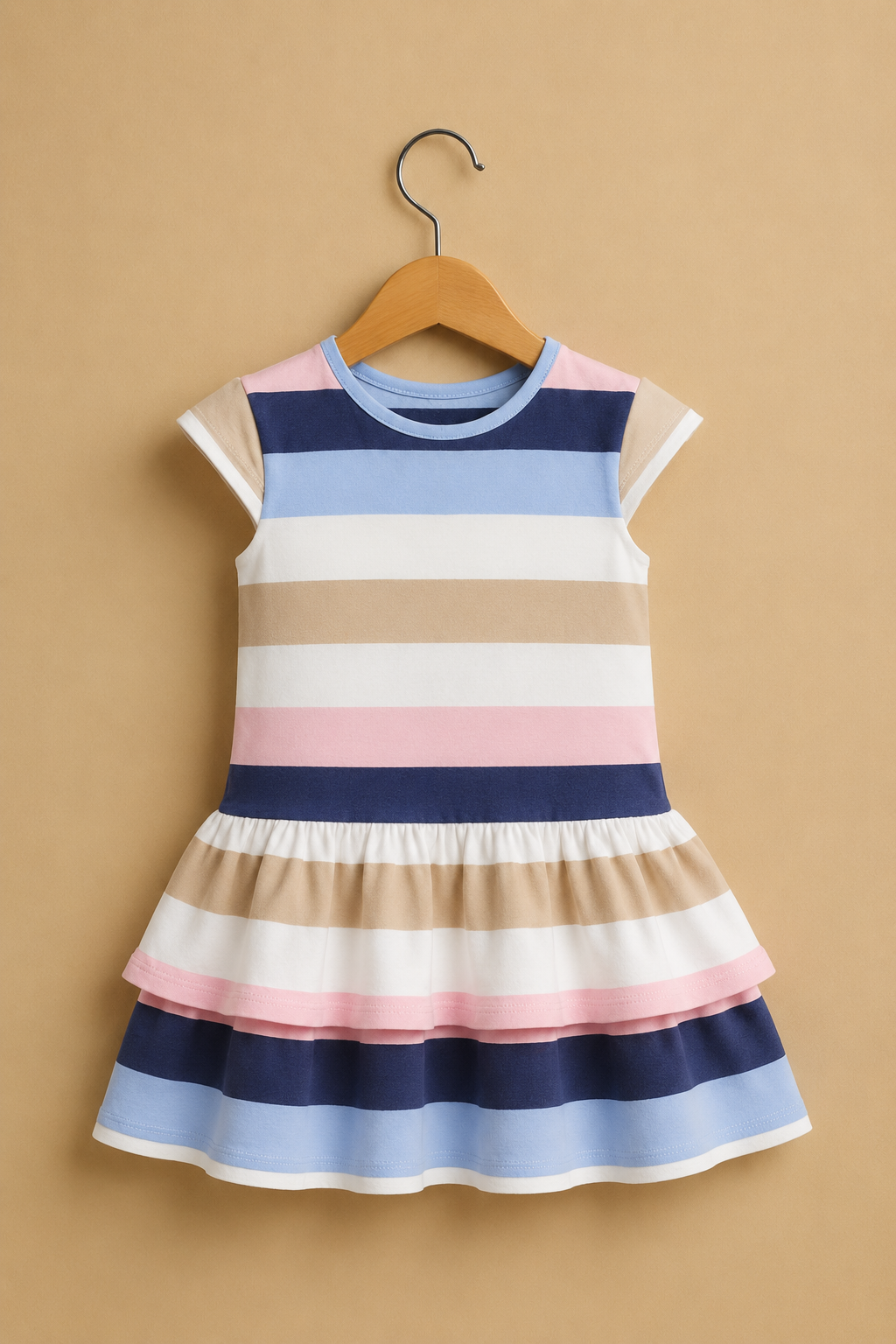 Pink & Grey Stripes With Hair Band Frock For Girls