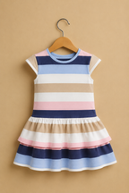 Pink & Grey Stripes With Hair Band Frock For Girls
