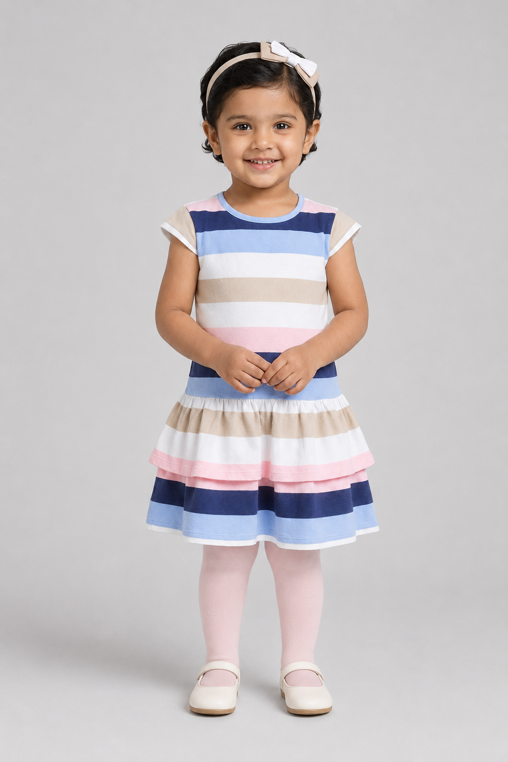 Pink & Grey Stripes With Hair Band Frock For Girls