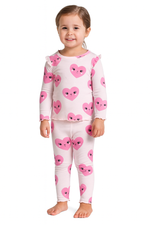 Load image into Gallery viewer, PEACH WITH HEARTS PRINT DROP NIDDLE RIBBED FABRIC SUIT FOR GIRLS MID SEASON
