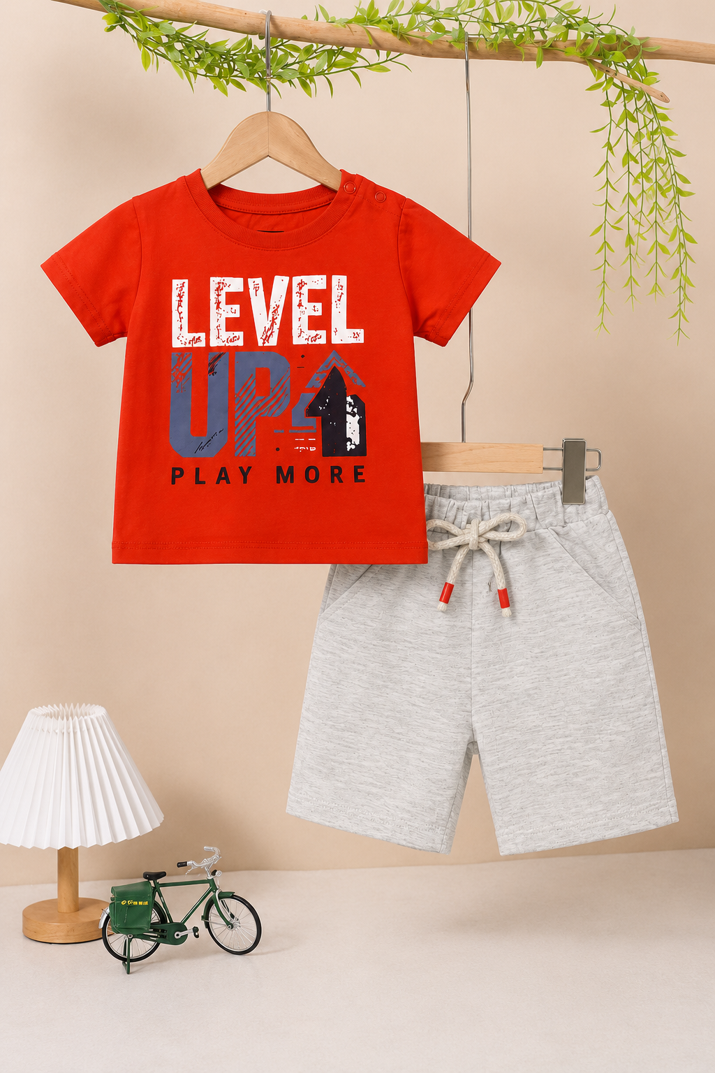Bright red "LEVEL UP" Print Cotton Jersy Suit For Boys
