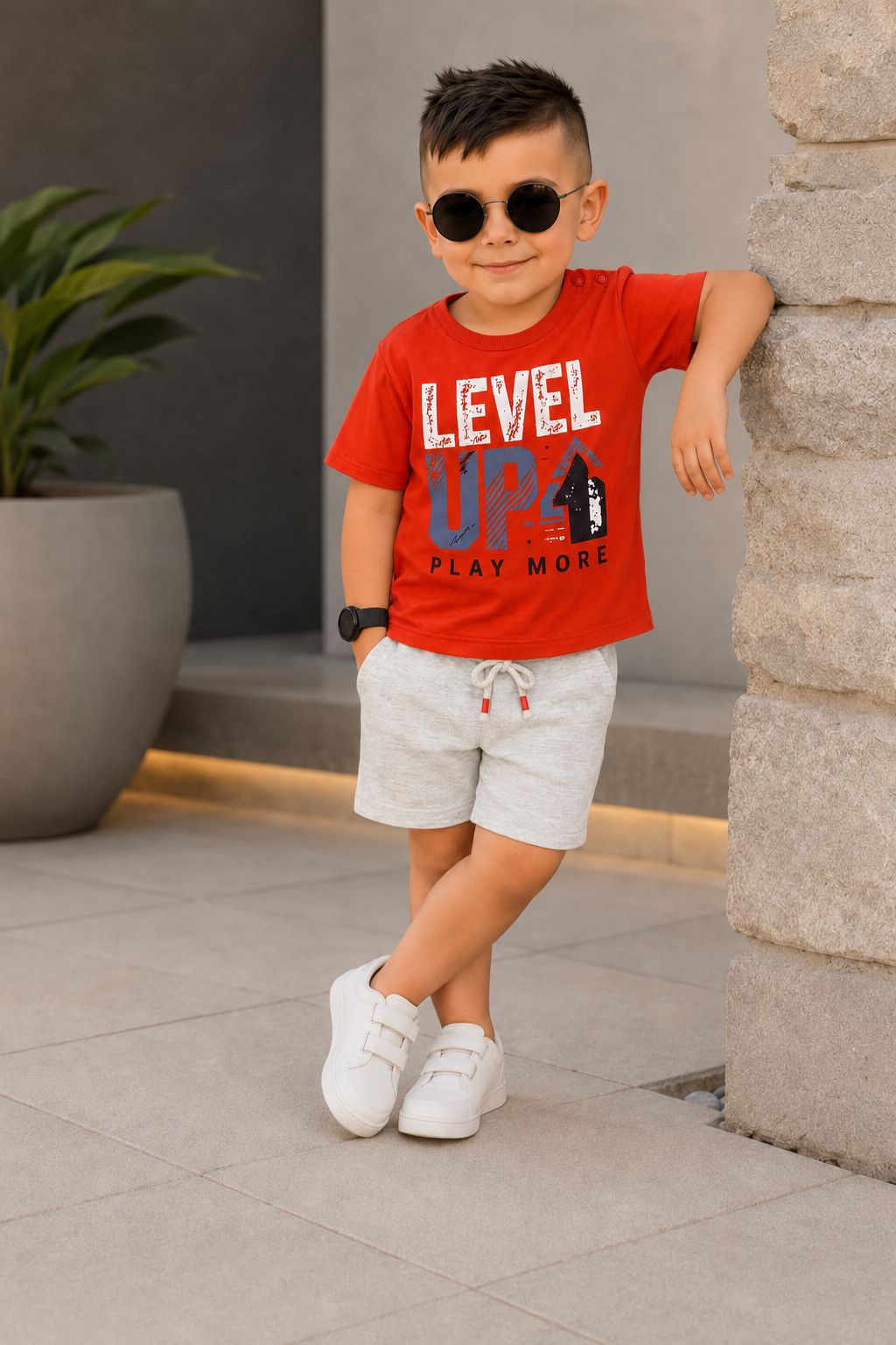 Bright red "LEVEL UP" Print Cotton Jersy Suit For Boys Secondary image