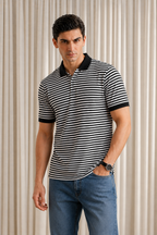 White With Black Small Striper Polo For Mens